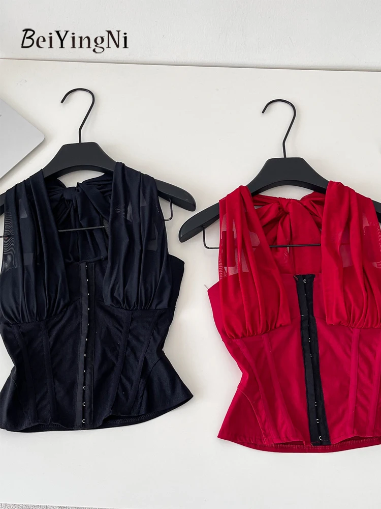 

Beiyingni y2k Sexy Hot Girl Style Tops Mesh Spliced Solid Color Slim Tank Top Women Backless Clubwear Party Halter Camis 2026