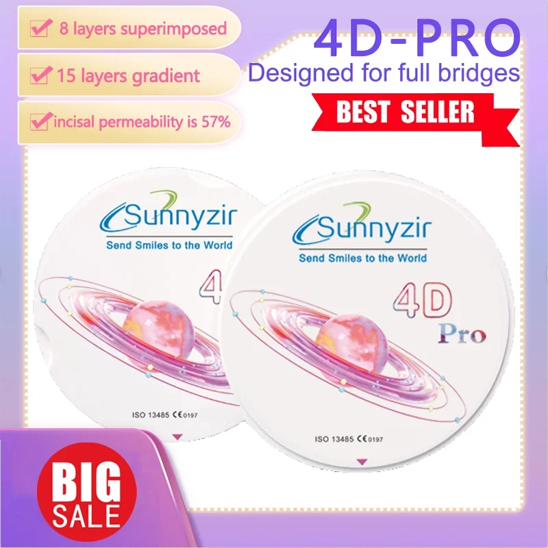 

Sunnyzir 4D Pro Multilayer Dental Zirconia For Open CAD/CAM Milling System in Dental Lab Dental Material Zirconium A3 98*16mm