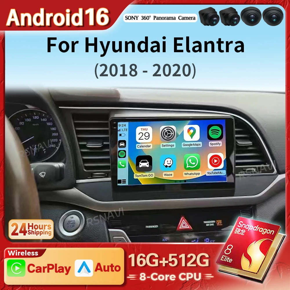 Autoradio Android 16 Carplay Auto pour Hyundai Elantra 6 2016 2017 2018 - 2020, lecteur multimédia stéréo 2Din Snapdragon