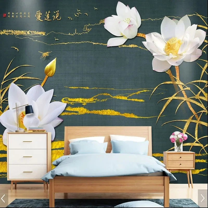 Custom 3D New Chinese Gold Water Pattern Lotus Background Wall Decorative Painting Papel De Parede Home Décor Tapety Fresco Art