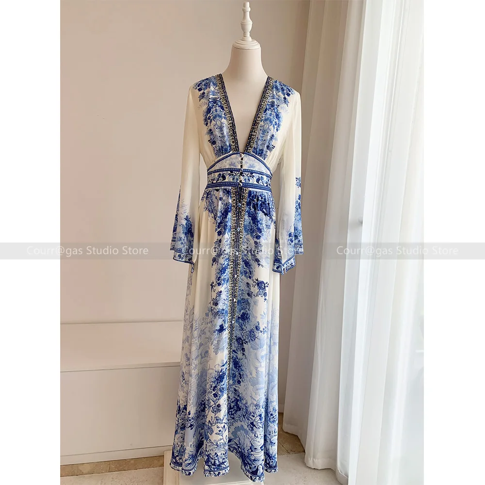 

Australian niche noblewoman niche design deep V-neck waist slimming long blue resort style printed dresses