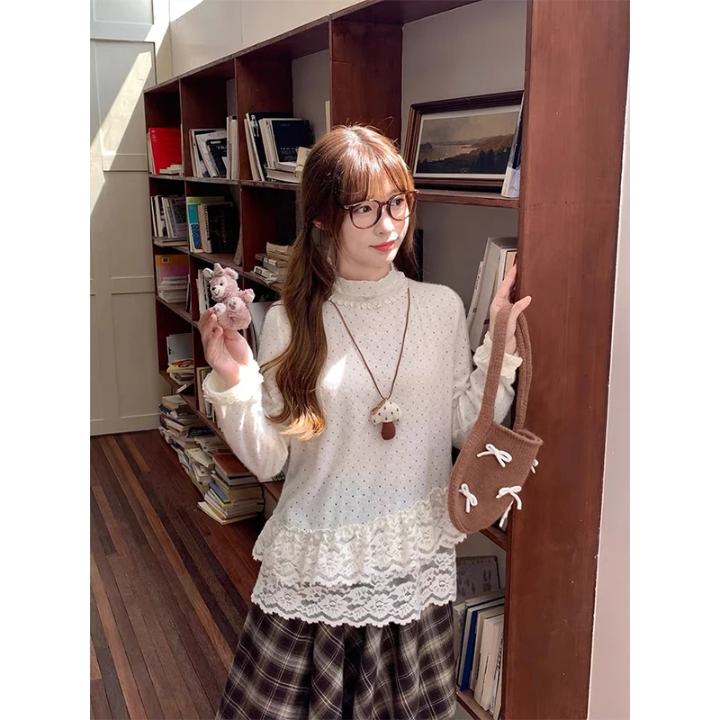 MEXZT Kawaii منقطة سترة المرأة Cutecore الدانتيل المرقعة محبوك البلوفرات الكورية نصف الياقة المدورة تريكو الشتاء لاعبا