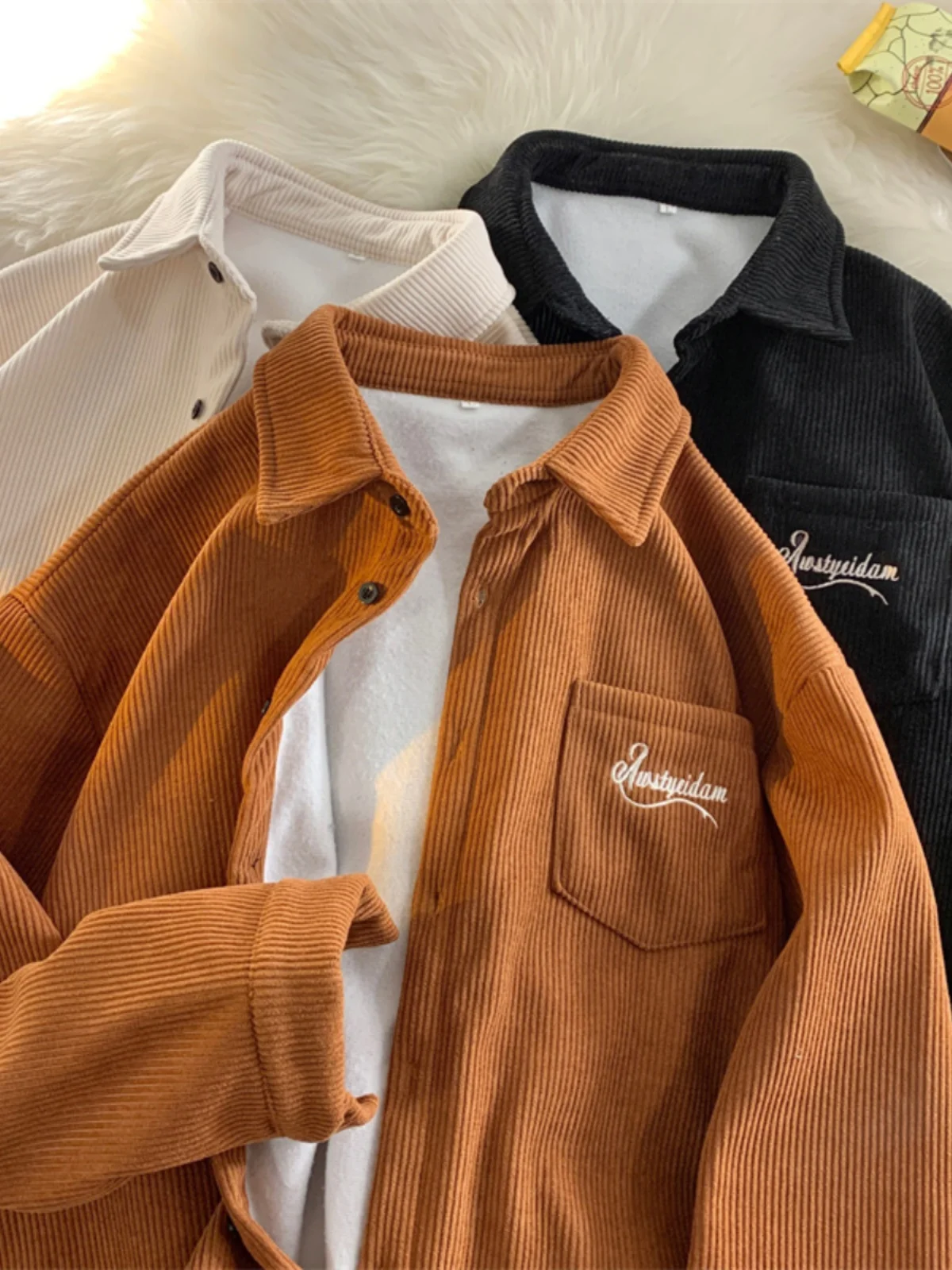 Autumn Winter Men's Fleece-lined Shirt Lapel Embroidered Letters Corduroy Blouse American Casual Fashion Retro Thicken Shirts