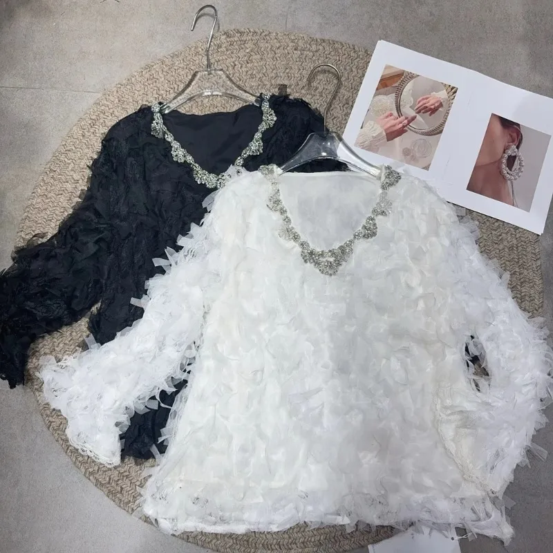 2025 Spring New French Sweet Heavy Industry Diamond-encrusted Design Loose and Thin Lace Shirt Solid Color Top For Women