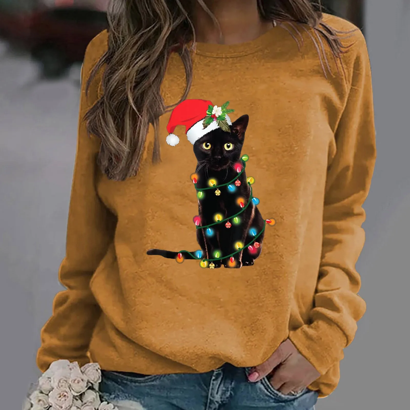 

Cute Cartoon Red Hat Black Cat Hoodies Christmas Casaul Printing Long-Sleeved Crewneck T-Shirts 2024 Ropa De Mujer y2k Sweater