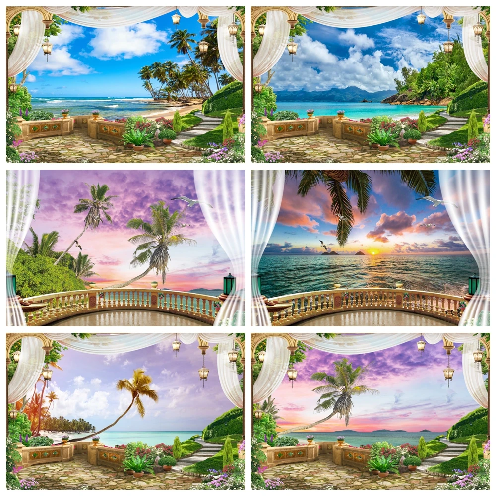 Tropical Ocean Beach Backdrop for Photography Summer Seaside Hawaiian Palm Tree Curtain Birthday Holiday Travel Party Background