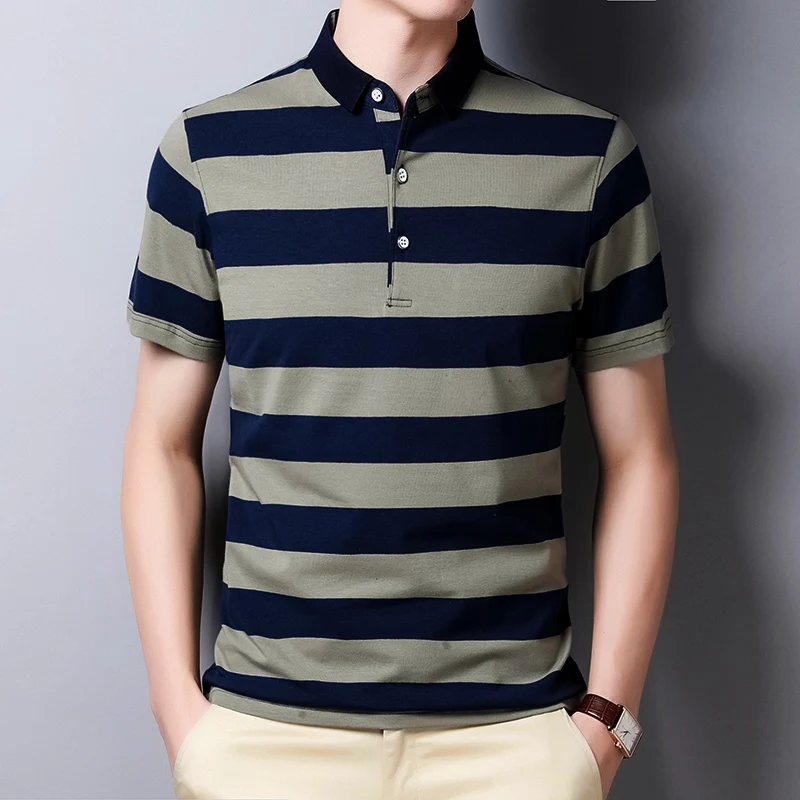 Brand Striped Men T-shirt Summer Turn-Down Collar Short Sleeved T-shirt Cotton Slim Fit Smart Casual Business T Shirt