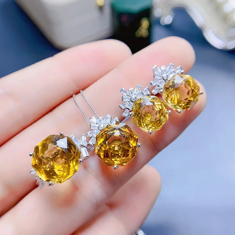 

Rose Cut Natural Citrine Jewelry Set, 925 Sterling Silver Necklace Earrings Ring Suite