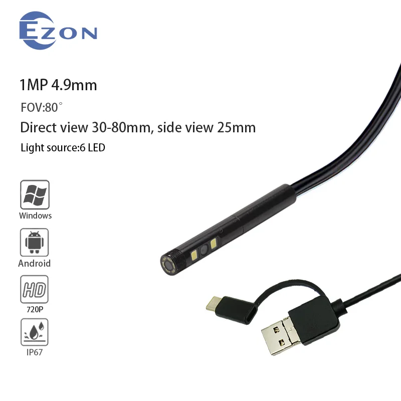 

1 МП 4,9 мм FOV 80 ° Автомобильная эндоскопическая камера с двумя объективами для проверки трубопроводов, 1 м, USB Type-C, 3-в-1, эндоскоп для механического обслуживания