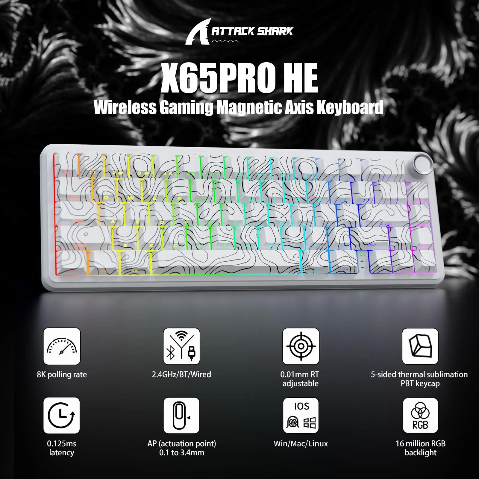 

Беспроводная игровая клавиатура ATTACK SHARK X65PRO HE Rapid Trigger, точность 0,01 мм RT, частота заката 8 кГц, трехрежимный, магнитный переключатель