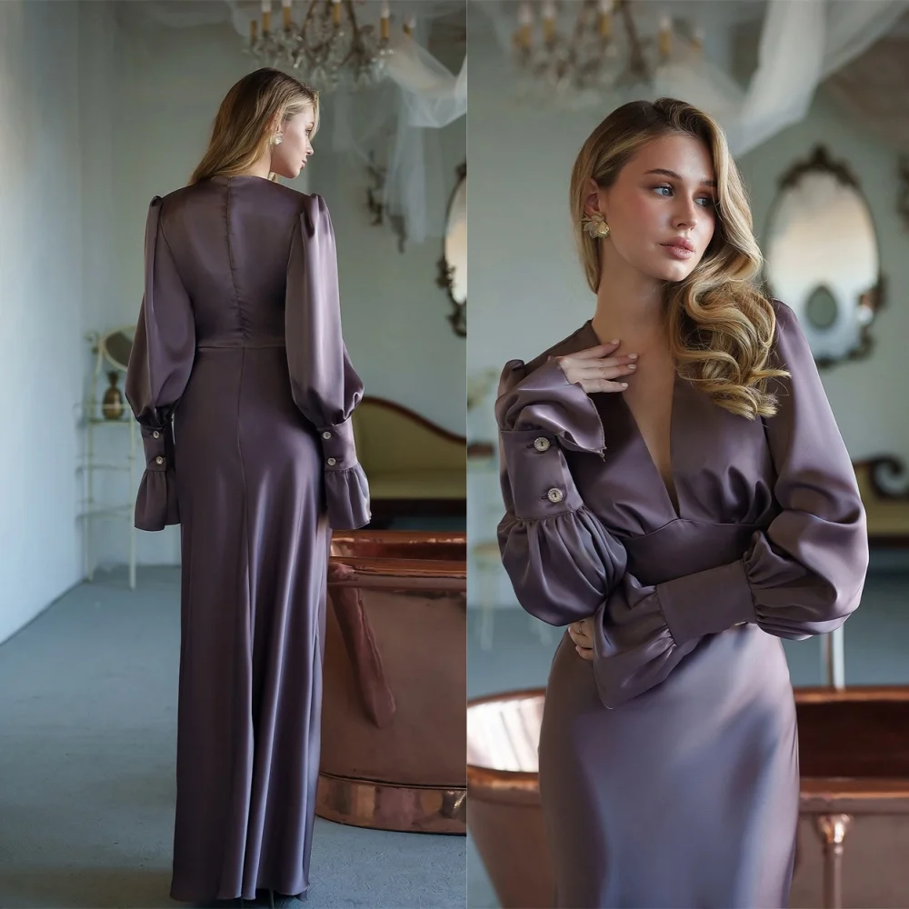 Customized Pueple Satin Long Sleeves Evening Dress Zipper Back Special Occasion Gowns Sexy Style Deep V-Neck Vestido De Festa