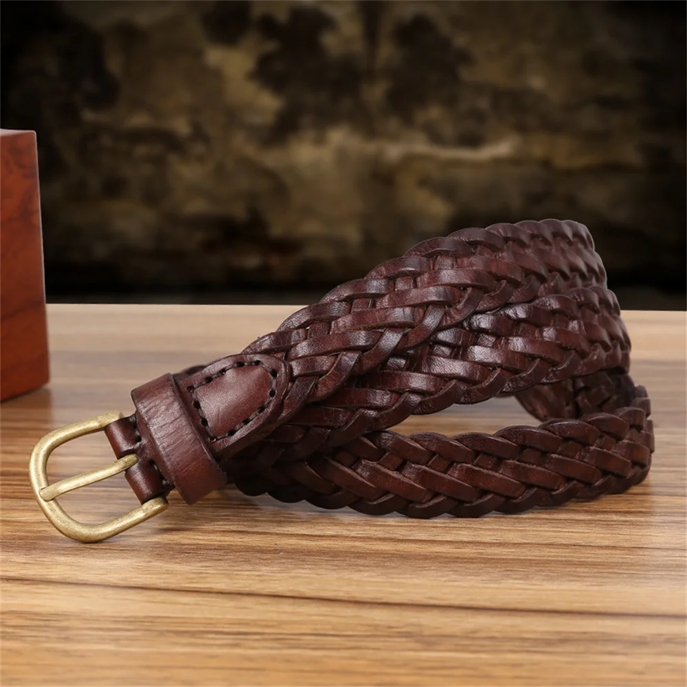 Braided Belt for Women Ladies Pure Color Genuine Leather Alloy Metal Buckle Adjustable Belt for Jeans Dress Accessories Gifts