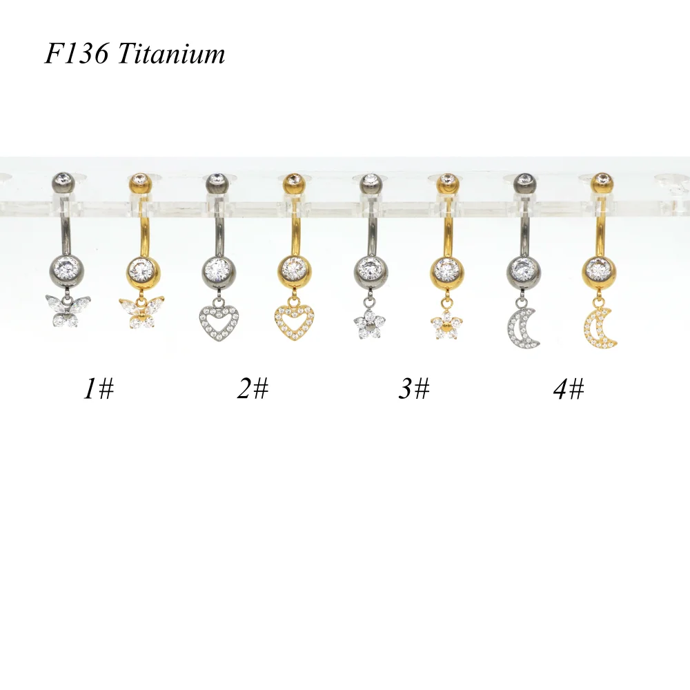 

16Pcs Crystal CZ Ombligo Pendant Belly Bar Dangle Heart Flower F136 Titanium Navel Ring Body Piercing Women Jewelry Gold Color