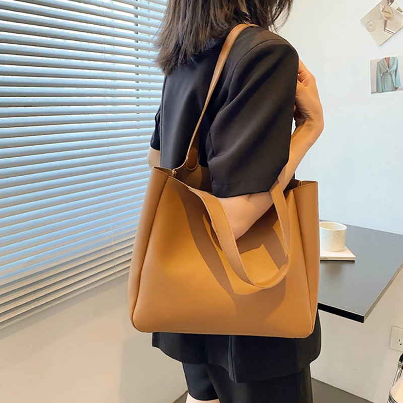 Luxury Solid Color Trend Women Tote Bag High Quality PU Leather Handbags Designer Female Casual Large Capacity Shoulder Bags