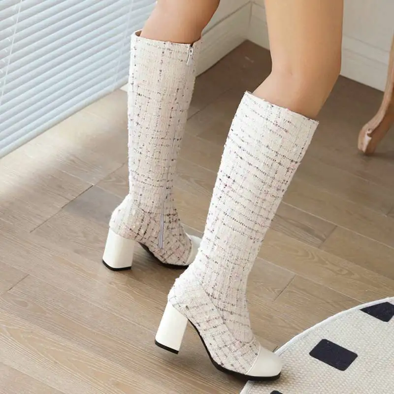 ORCHA LISA Ladies Knee-high Boots 36cm Block Heel 7cm Woolen Cloth Zipper Round Toe Splice Small Size 32 33 Shoes