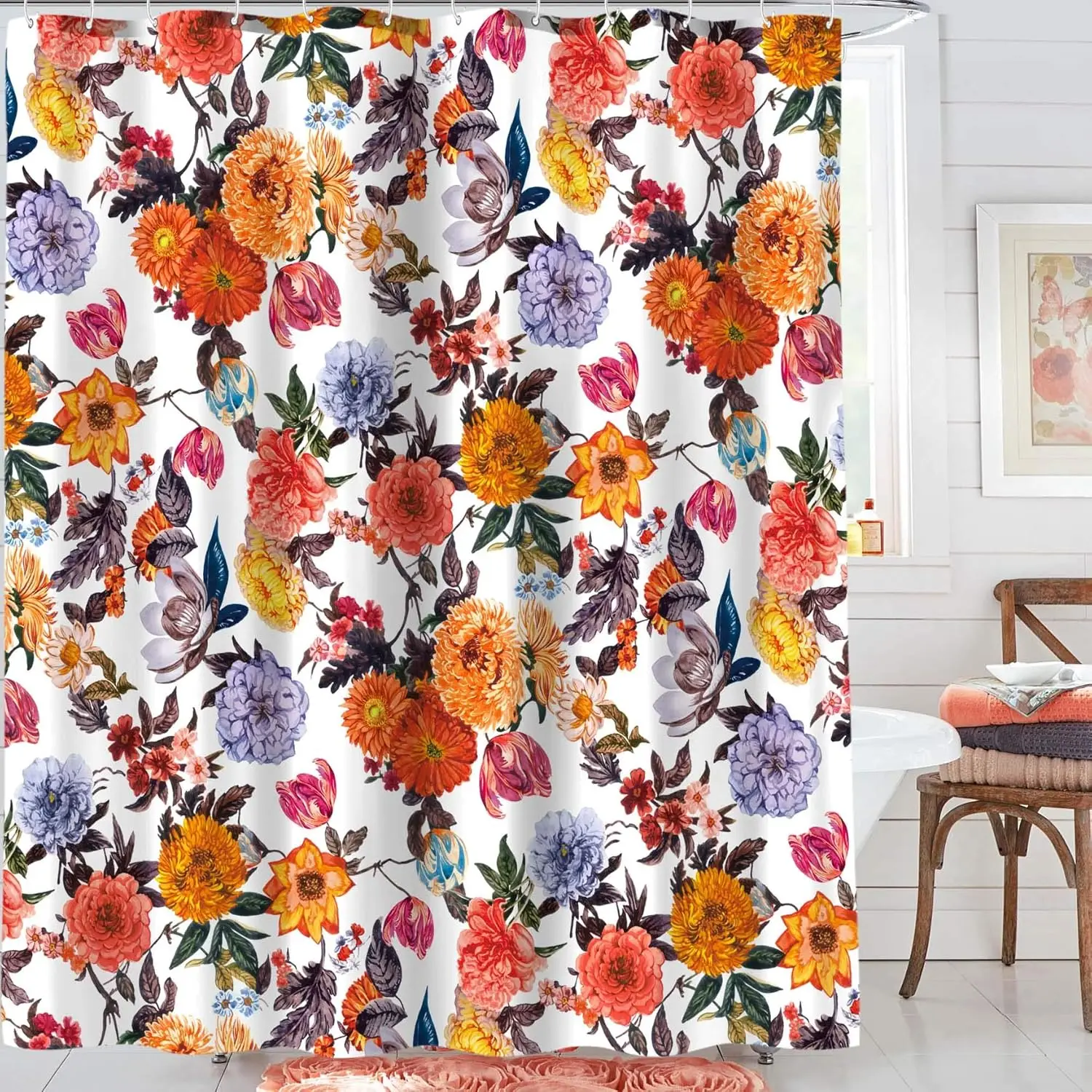 bathroom floral shower curtain, colorful fabric flower shower curtain with 12 hooks, multi red 180X180CM