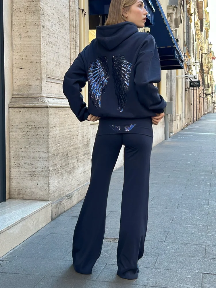Female Sequined Wing Print Pattern Hoodie Autumn Fashion Classical Hooded Sweatshirt 2025 Loose Elegant Versatile Warm Pullover