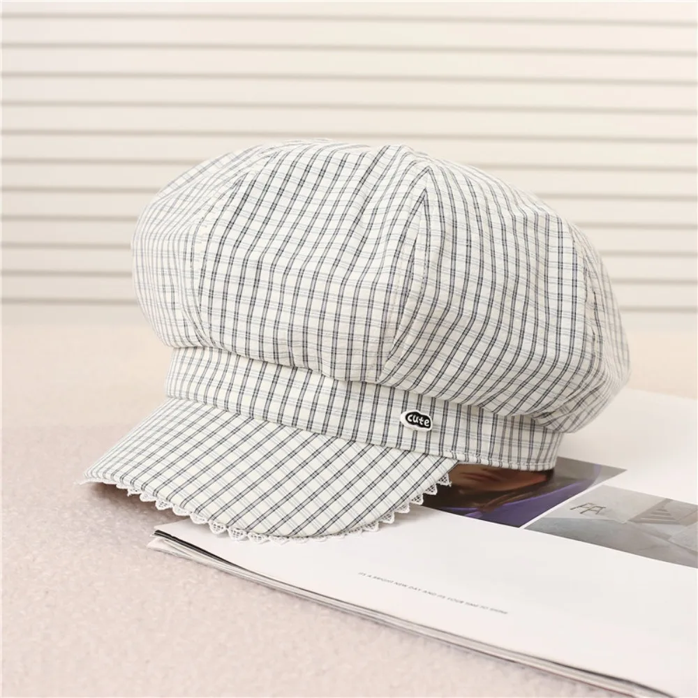 

Retro Spring Summer Plaid Berets Y2k Lace Brim Newsboy Caps Thin Casual Octagonal Hat Outdoor