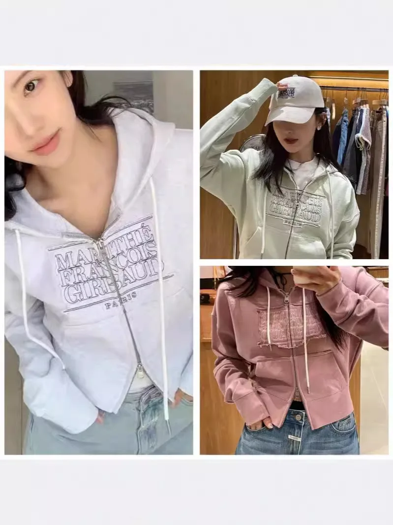 Felpa con ricamo pesante Slim Fit Cerniera Jaet Lettera Patch Lavoro Jennie Car Jingyuan Street Sle Cotton Long Sve