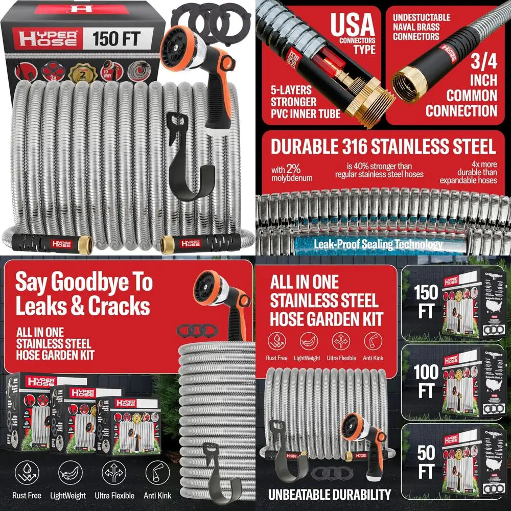 

Stainless Steel Garden Hose 150ft - Durable No-Kink, 10-Setting Spray Nozzle, Heavy Duty Flexible for Outdoor Use