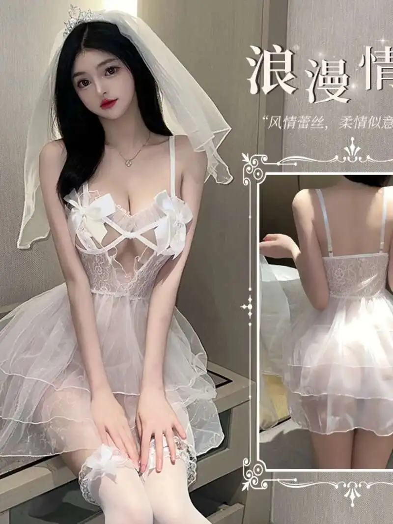 Vrouwelijke sexy bruid gewaad trouwjurk uniform hete jurk elegante mesh kant sexy Koreaanse vrouwen zoete pure transparante 2024 nieuwe 2P41
