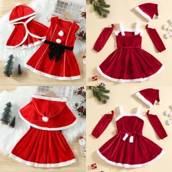 Toddler Girls Christmas Dress Children New Year Xmas Carnival Theme Party Red Costume Kids Bowknot Hooded Cloak Vestido Sets