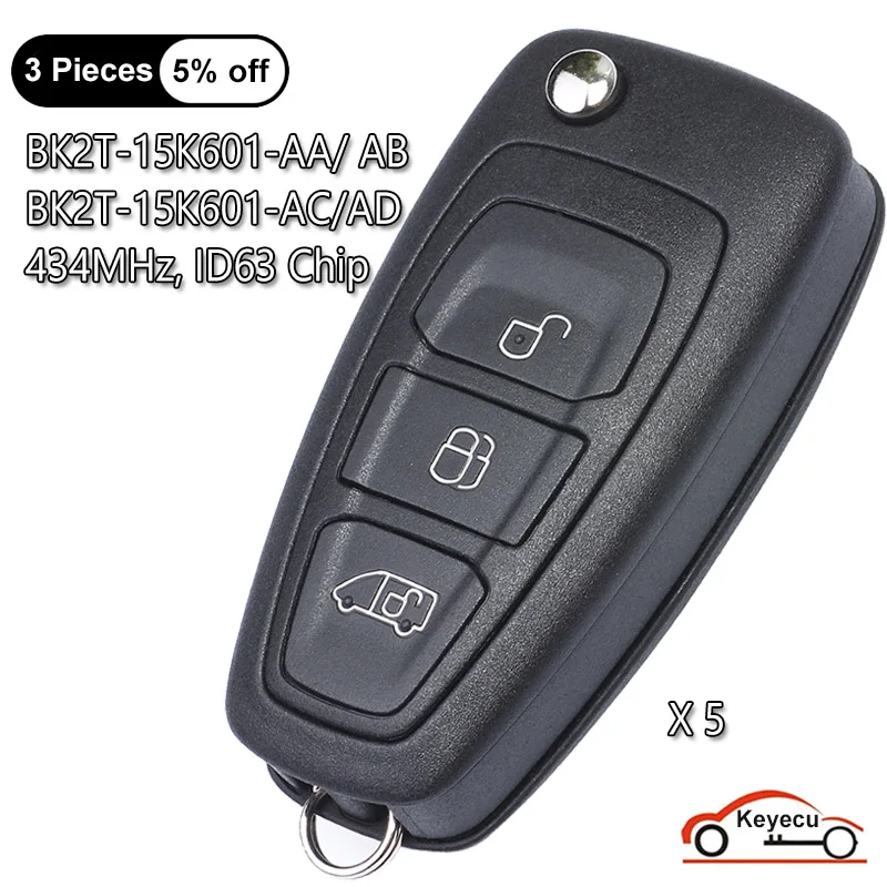 

KEYECU 5PCS 434MHz 63+ Chip BK2T-15K601-AA/ AB/ AC A2C53435329 Remote Key Fob 3 Button for Ford Transit Custom 2014 2015 2016 +