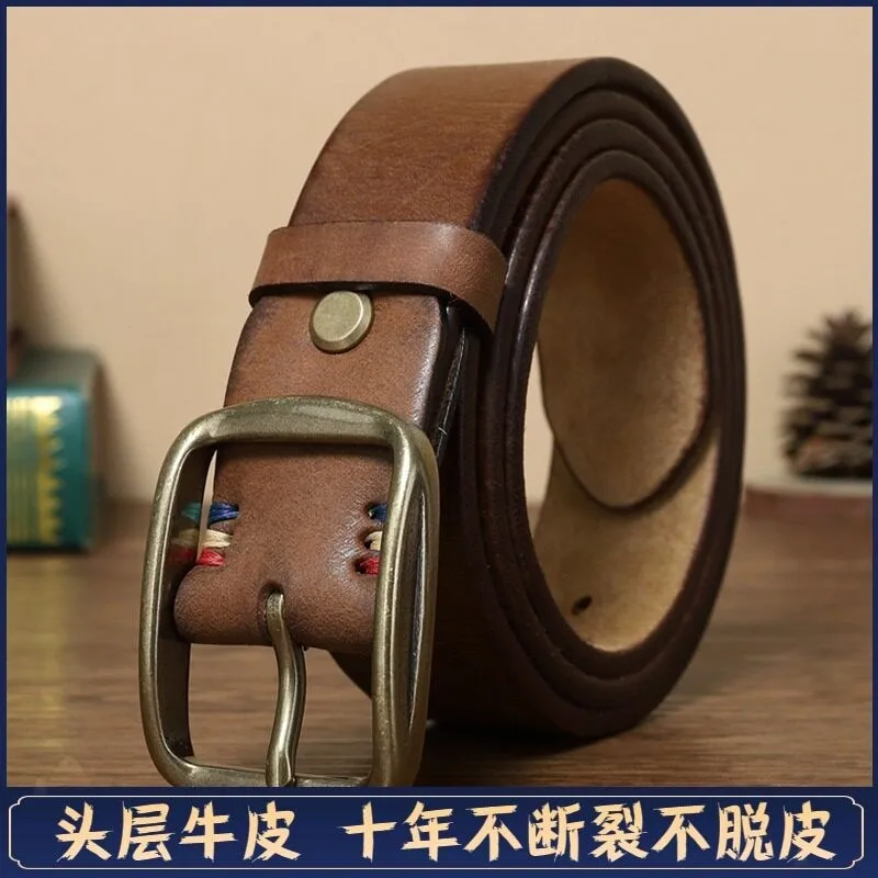 Handcrafted extended and thickened pure copper belt men's cowskin casual youth