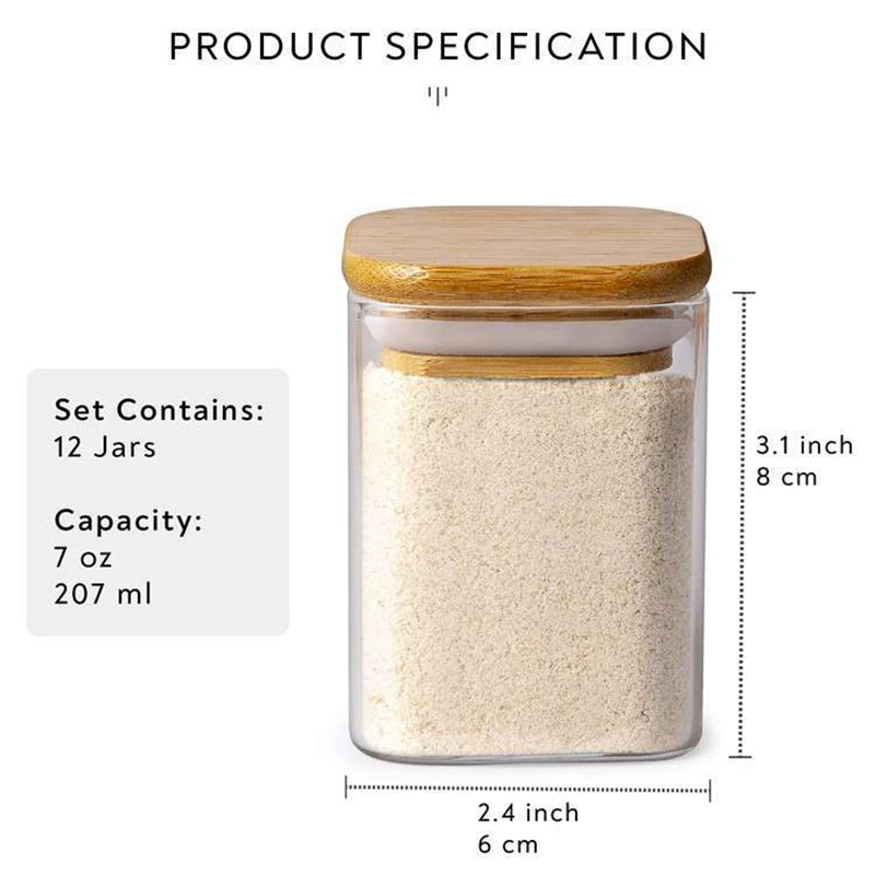 12 Units 200ml Square Glass Storage Jars Bamboo Cover Sealed Glass Bottle Kitchen Seasoning Storage Tank