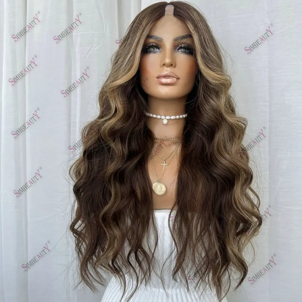 Light Honey Brown Hightlight Indian Human Hair U Part Wigs Adjustable Loose Wave Glueless1*4Size V Part Wig Human Hair for Women