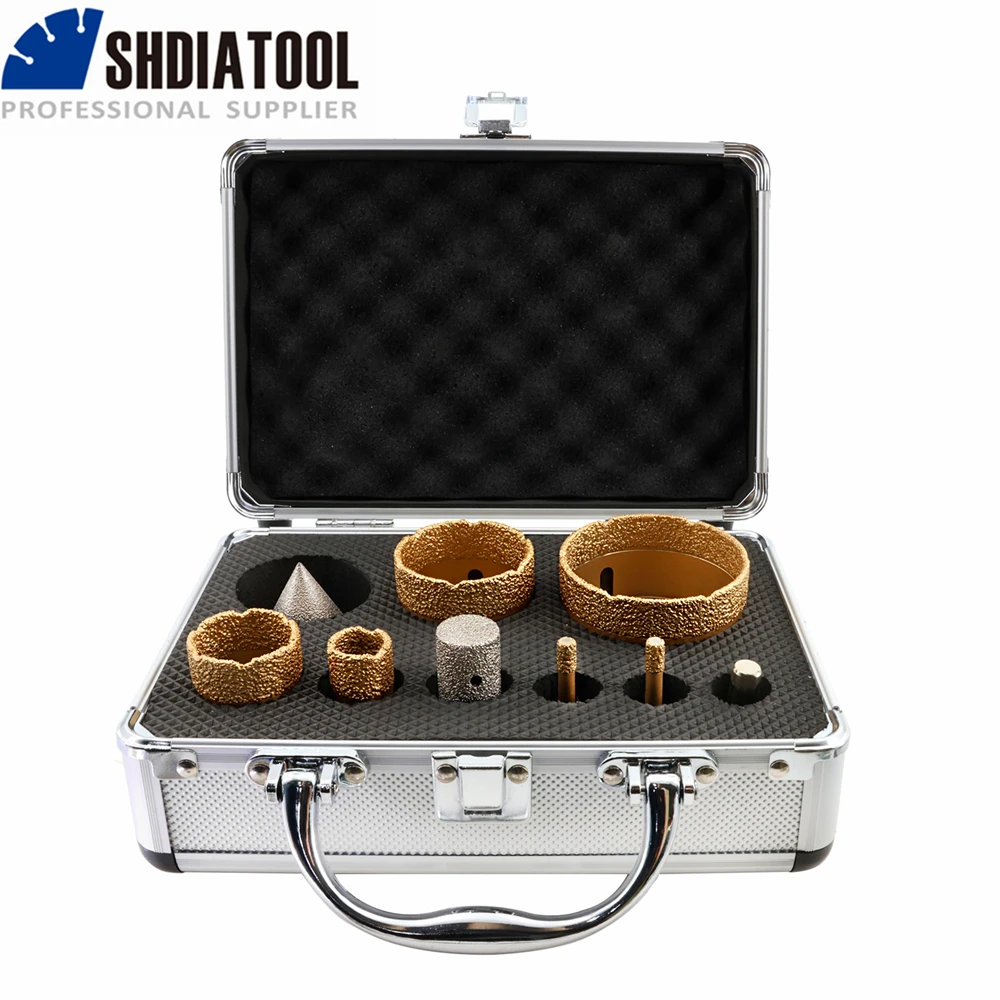 Imagem -02 - Shdiatool Pcs Box Kit Bits Diamante Broca M14 20 35 50 68 mm de Perfuração Coroa Mais 20 mm Fresagem Dedo Bit Mais 50 mm Chanfro Mais Adaptador