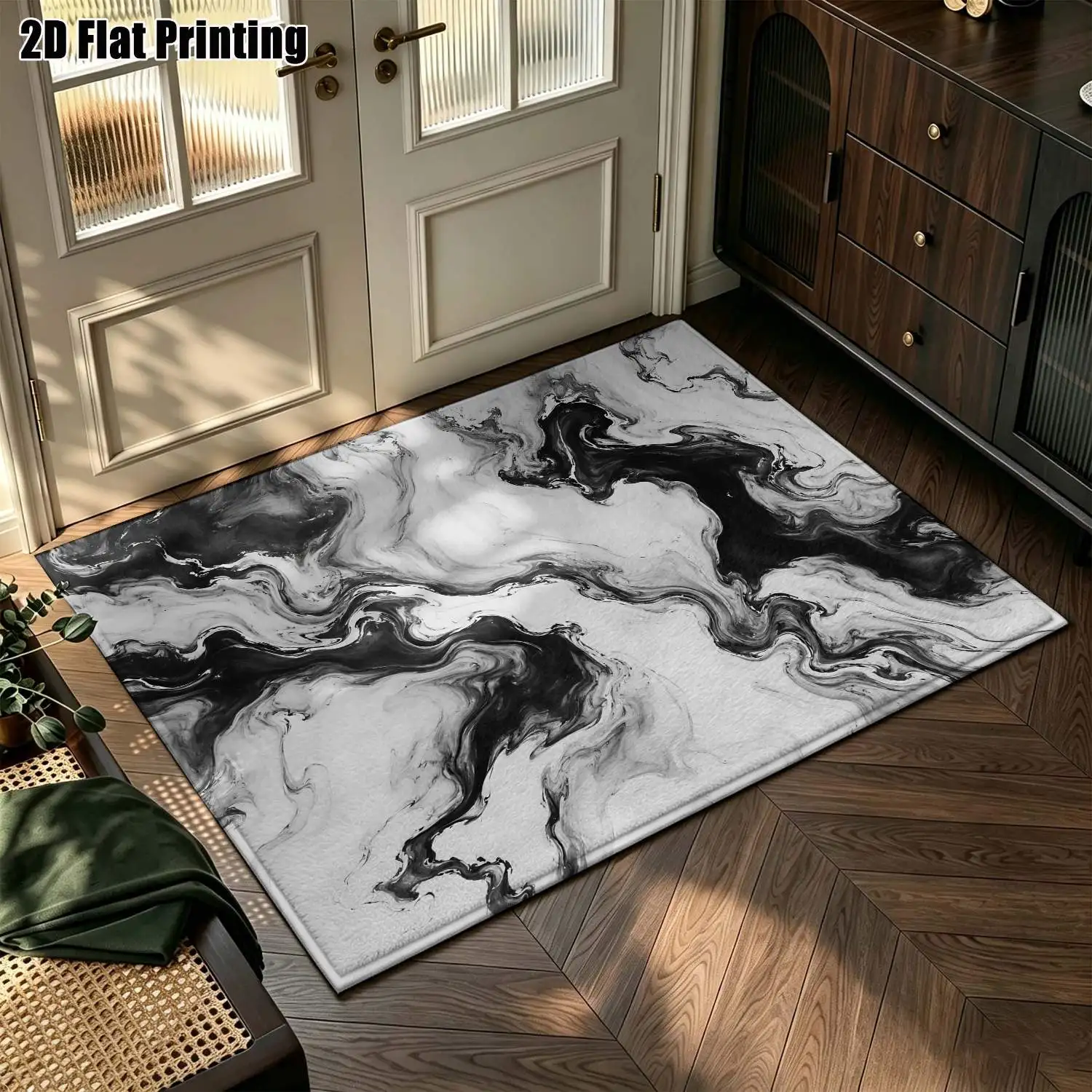 1Pc 2D Printed Carpet: Black-White Abstract Art, Nordic/Instagram/Modern Minimalist/European/Vintage Style, Multi-Size, Machine Washable, Suitable for Entrance, Dining, Foyer, Bedroom, Living Room as a Floor Mat/Home Decor