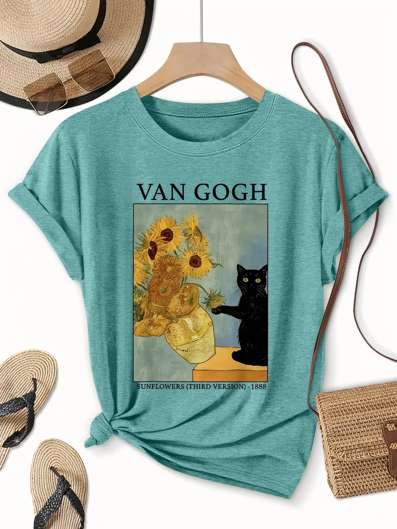 Van Gogh Cat Shirt Vintage Art Tee Black Cat Shirt Retro Cat T-Shirt Aesthetic Painting Tee Funny Art Lover Elegant Clothing