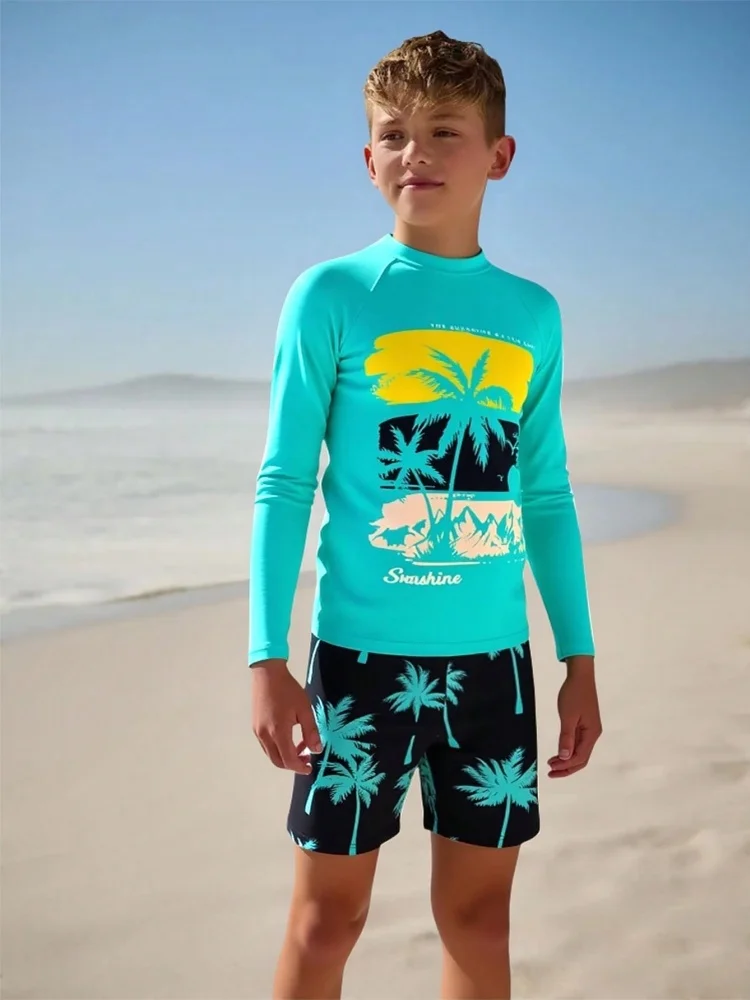 

Boy Kids Swimsuit 2025 New Coconut Tree Long Sleeves Children Swimwear Summer Two Piece Shorts Beachwear Bathing Suit Swimming