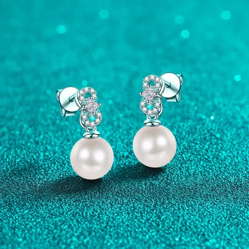 

8mm Natural Pearl 0.28Ct Moissanite Diamond Stud Earrings, Real White Gold Earrings Jewelry for Women Wedding Party