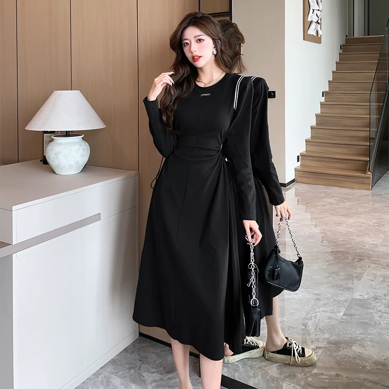 2023 nuovo autunno inverno Vintage Solid Slim donna abiti Midi a maniche lunghe con coulisse in vita scava fuori elegante abito da festa coreano