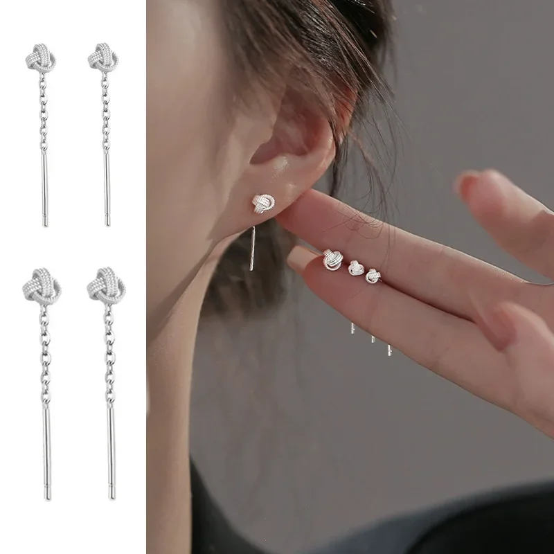 Real 925 Sterling Silver Knot Line Tassel Drop Earring for Women Cute Geometric Fine Jewelry Minimalist Chinese Style Accessorie