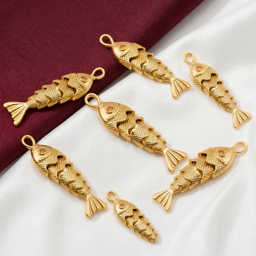 2pcs 18K Gold Brass Ocean Jewelry Pendants Multicolor Fish Animal Movable Cubic Zirconia Charms For DIY Necklace Making