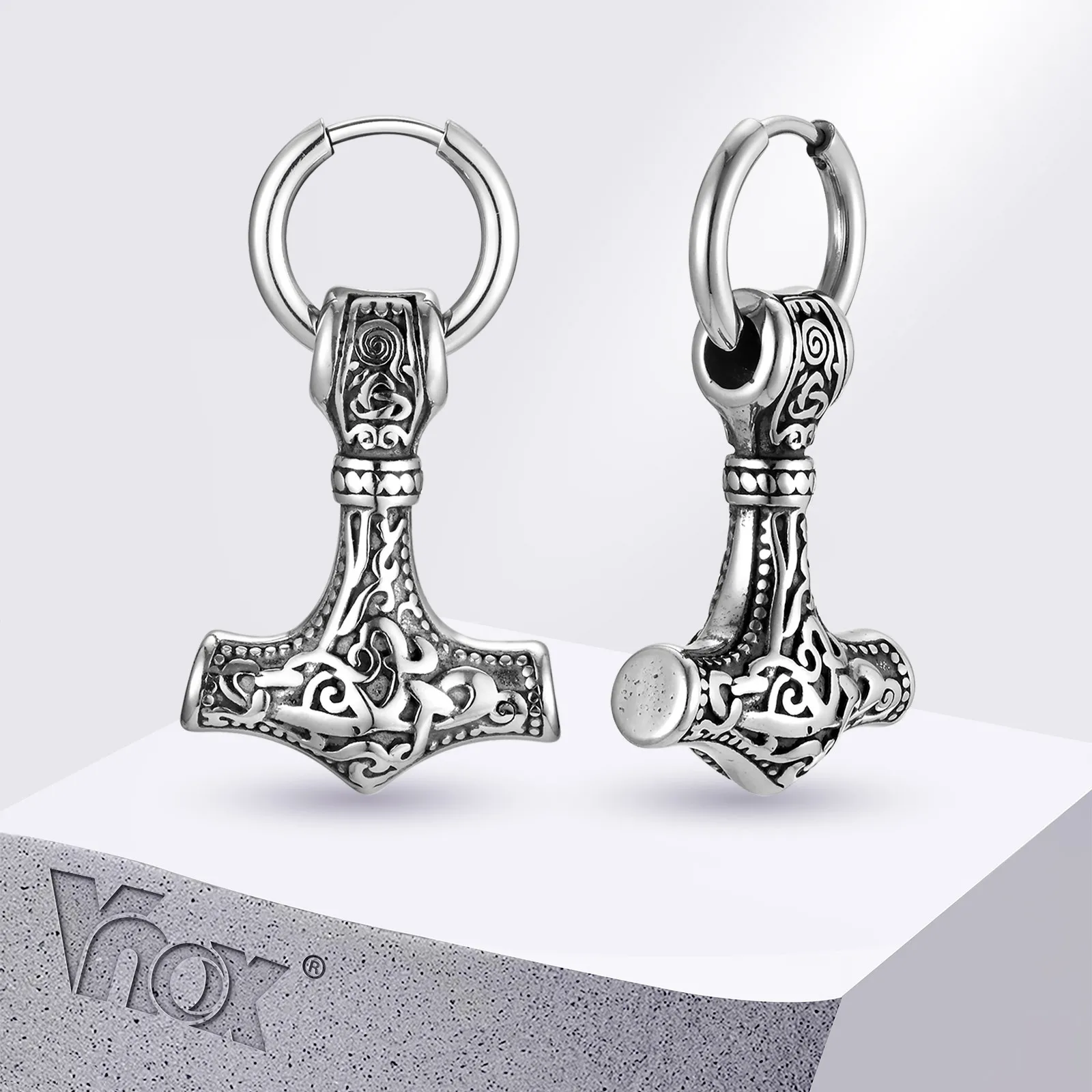 Vnox Heavy Viking Thor's Hammer Earrings for Men, Chunky Stainless Steel Punk Rock Earrings Jewelry Gift