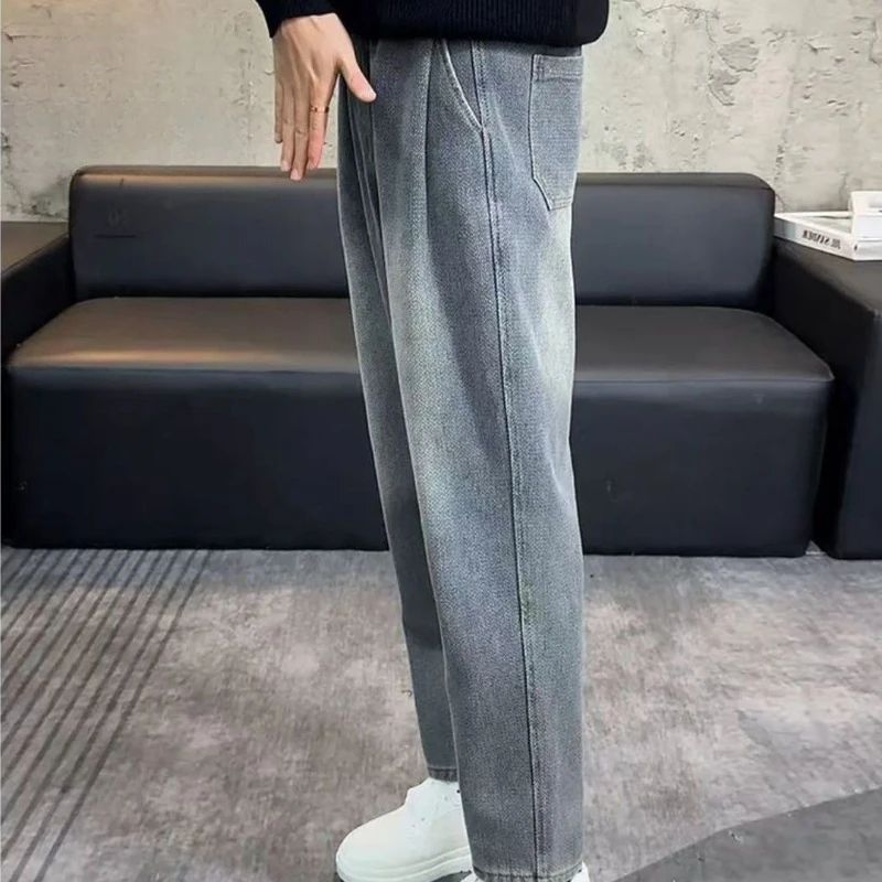 Men Vintage Blue Jeans Spring Casual Straight Leg Pants Youth Trendy Loose Fit Denim Trousers