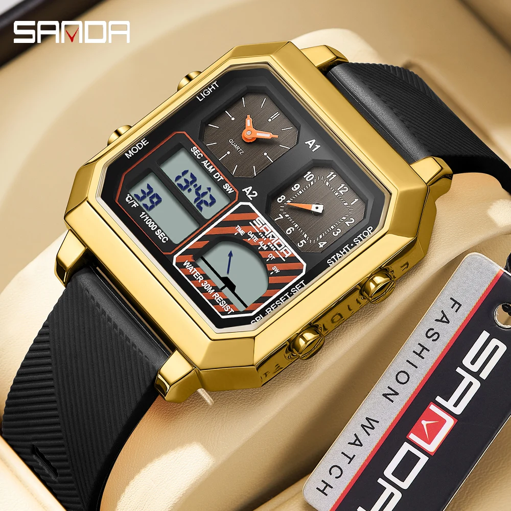 SANDA Men's Watch Square Dial Stopwatch Week Display Wristwatch Men Quartz Digital Waterproof Luminous Watches Man Clock