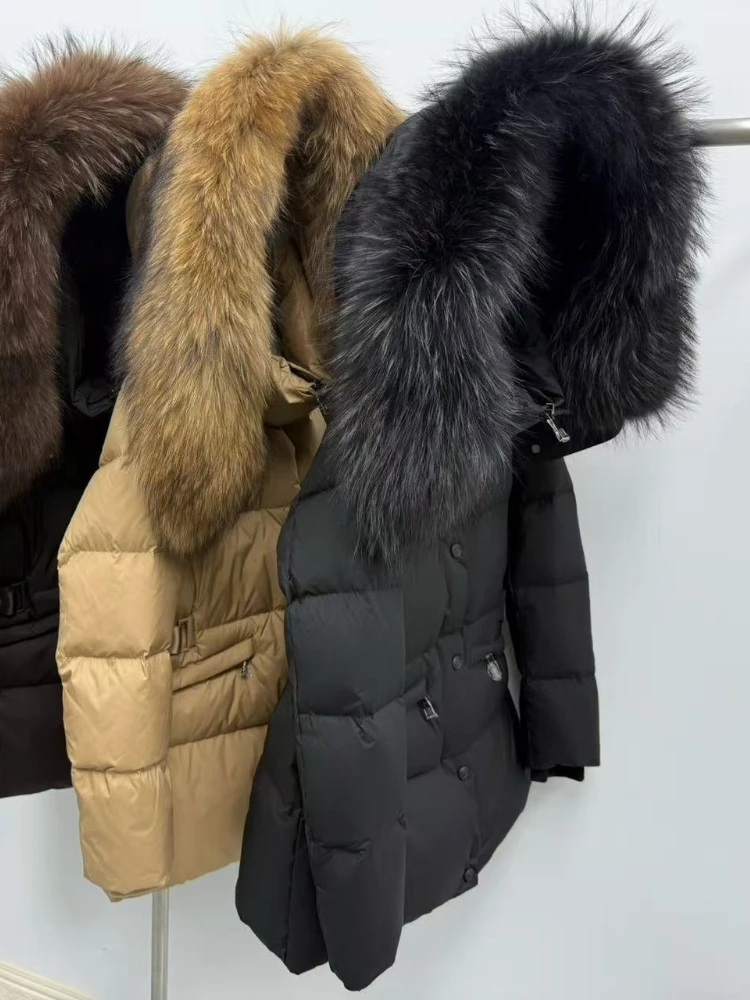 

Women White New Goose Down Coat Hooded Winter Natural Raccoon Fur Jacket Female Thick Warm Casual Real Fur Down Outerwear Autumn
