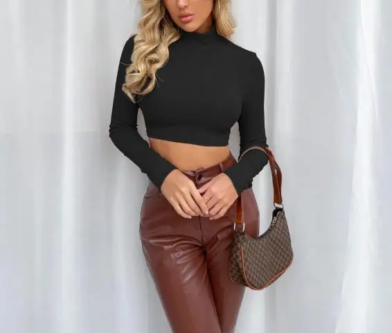 

Women's T-Shirt Spring Casual New Item Stand Up Collar Solid Color Backless Lace Up Waist Sexy Long Sleeved Short Knitted Top