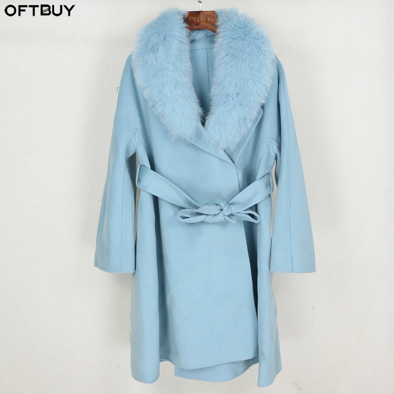 OFTBUY 2022 Real Fur Coat Winter Jacket Women Loose Natural Fox Fur Collar Cashmere Wool Blends Long Outerwear Belt Streetwear