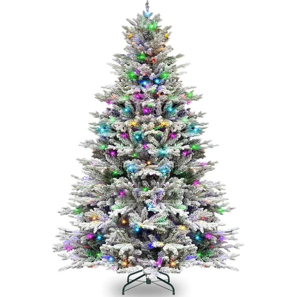 Christmas Tree 6.5 Ft Prelit Snow Flocked Artificial with 350 Color Changing LED Lights, 2024 PE&PVC Branch Tips Christmas Trees