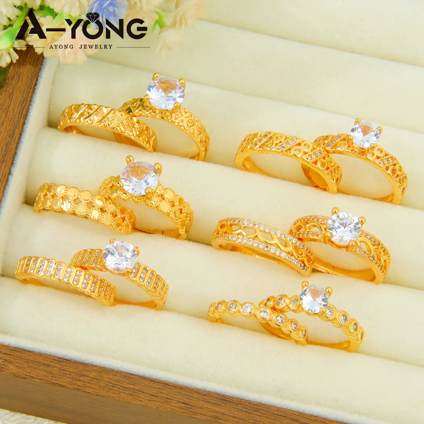 Dubai Mode Kubische Zirkonia Stapelbare Ringe 21k Vergoldet Arabischer Exquisiter Verlobungsring Paarringe Italienischer Goldschmuck – Detail 3