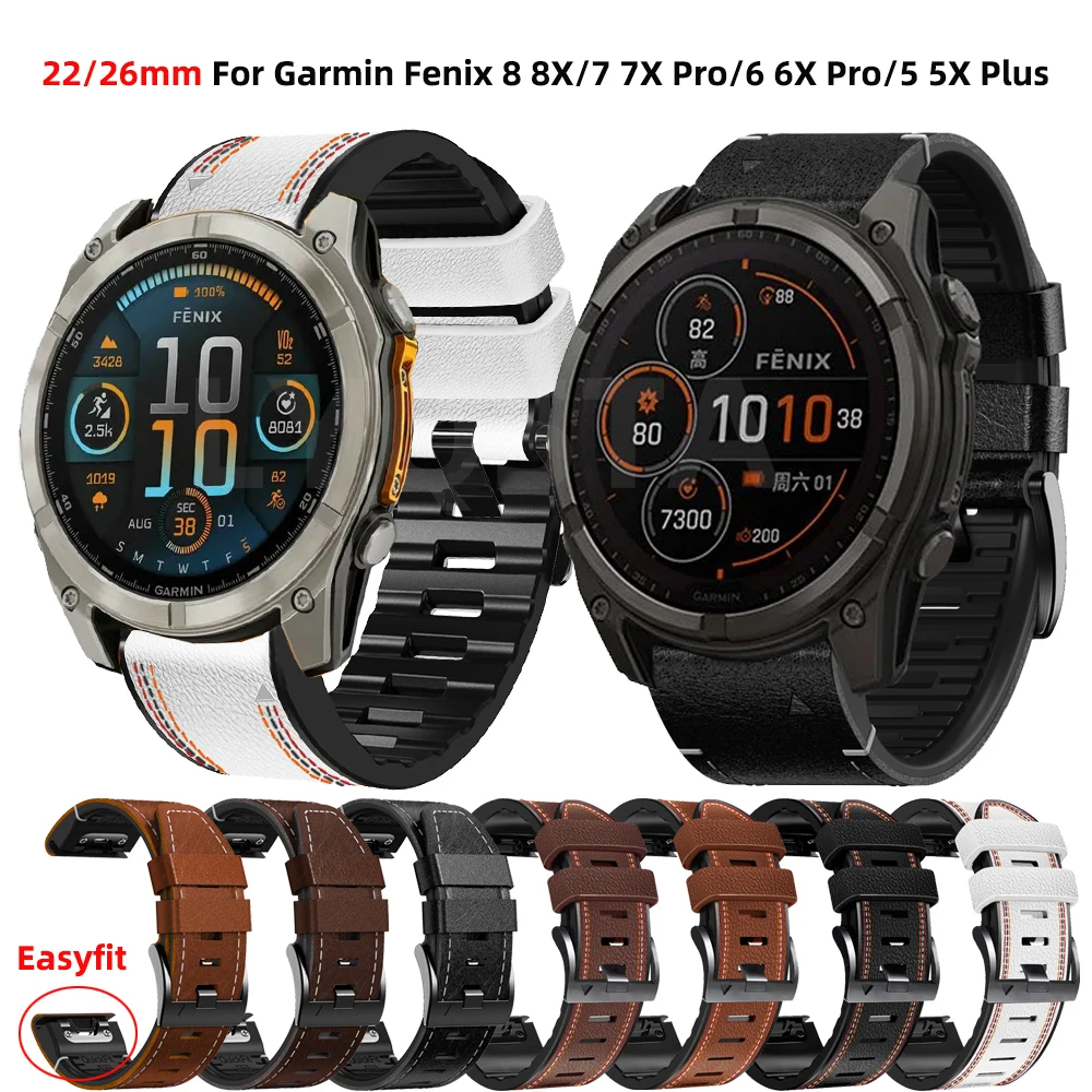 22 26mm Quickfit Leather+Silicone Smart Watch Straps For Garmin Fenix 8 7 7X Pro 47mm 51mm 6 6X Pro 5X 5 Plus Enduro 3 Wristband