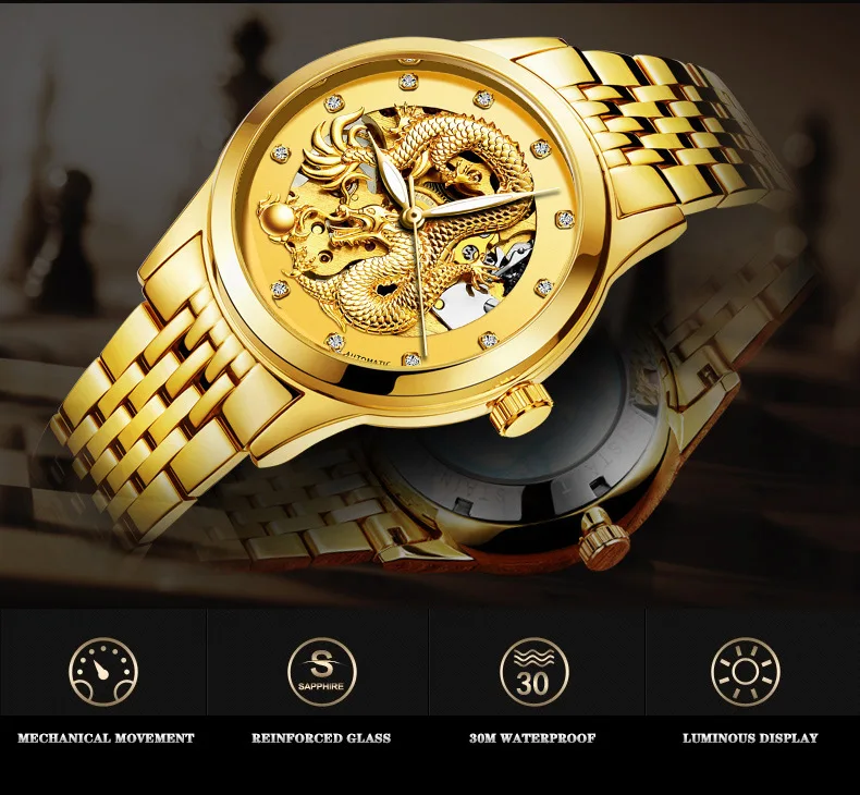 MOHDNE Brand Luxury Automatic Mechanical Watches for Men Gold Dragon Watch Male Clock Waterproof Unique Gift Relogio Masculino