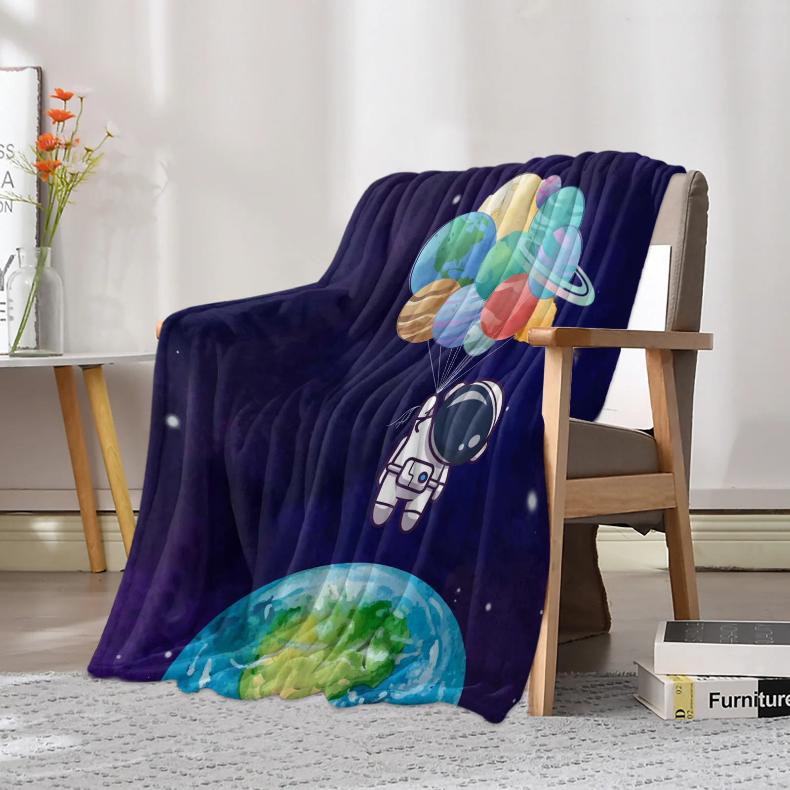 Cosmos Space Planet Astronaut Balloon Printed Throw Blanket Flannel Fleece Blankets Throws for Sofa Couch Bed Bedroom Bedspread