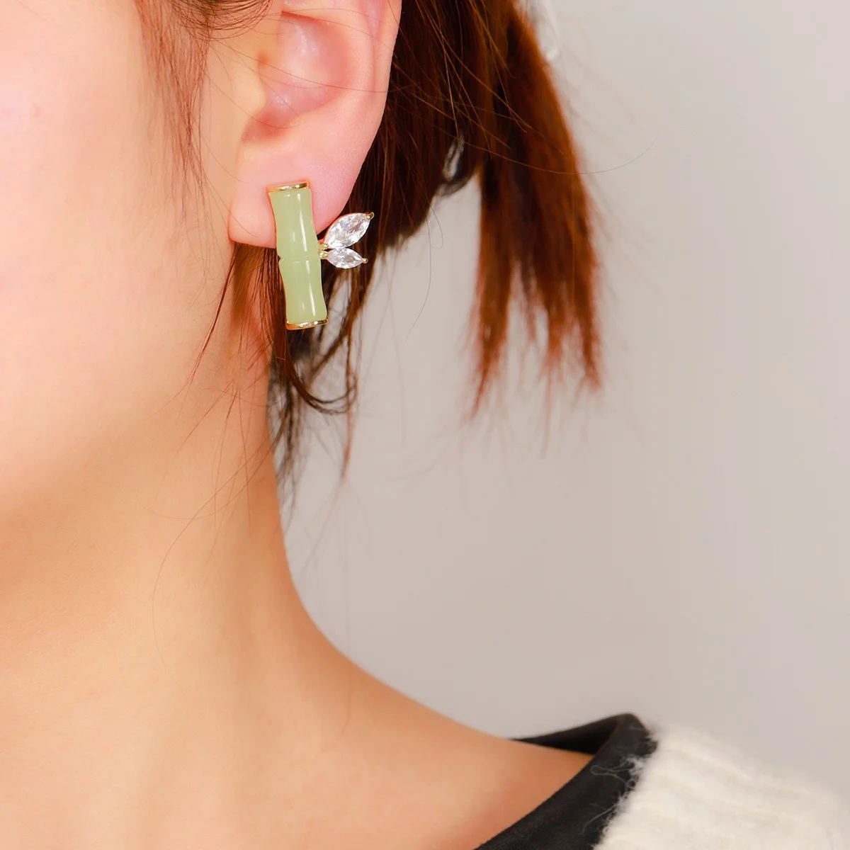 

925 Silver Needle Luxury Jade Bamboo Leaf Stud Earrings, Elegant Chinese Style Statement Jewelry Gift for Women
